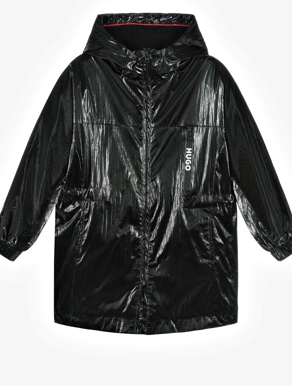 HUGO Fenton High Shine Longline Jacket with Backprint Logo Black